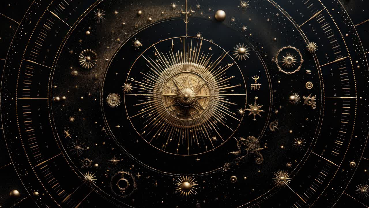Top-down video view of an intricate, celestial-themed design with golden zodiac symbols and cosmic