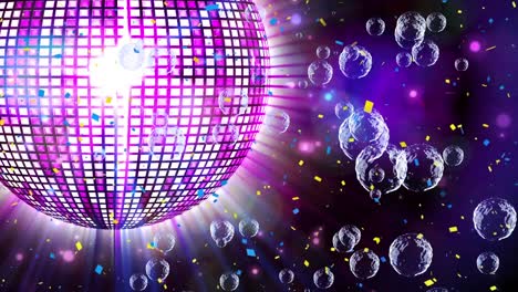 Animation-of-rotating-disco-ball-and-bubbles-on-violet-background