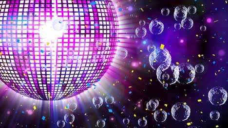animación de bola de discoteca giratoria y burbujas en fondo violeta.