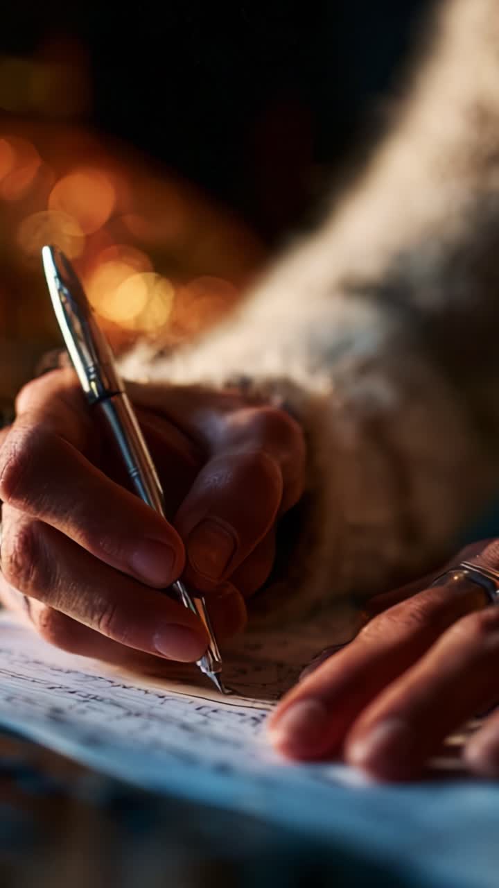 Captivating Close-Up of a Person's Hand Writing on Paper with Blurry Background, Creating an Intimate and Reflective Atmosphere in Dim Lighting