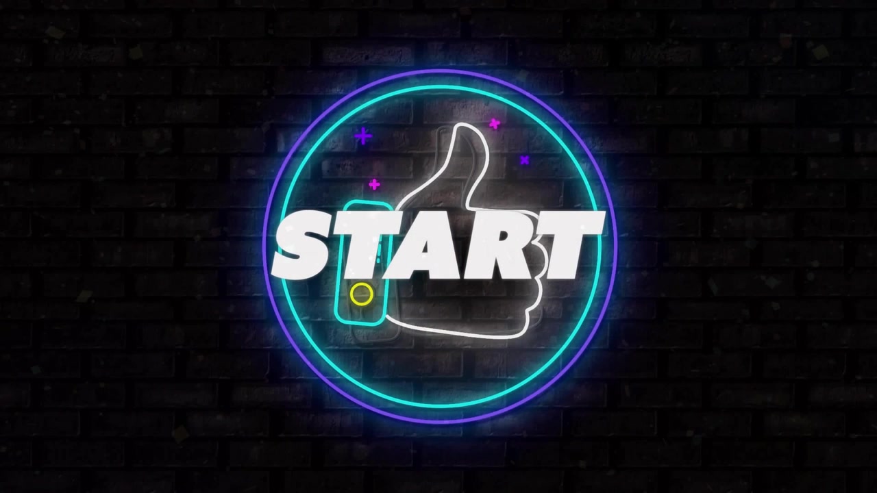 Opening neon circle with phone shape, thumbs up tracing and START text glitching signaling start