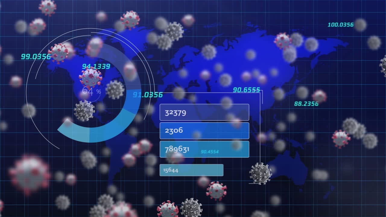 animación de células de covid 19 y procesamiento de datos en el mapa del mundo