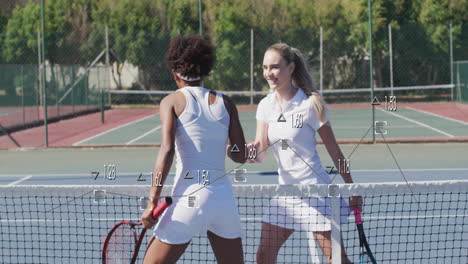 two women greeting at net on outdoor tennis court, showing animated sports analytics charts