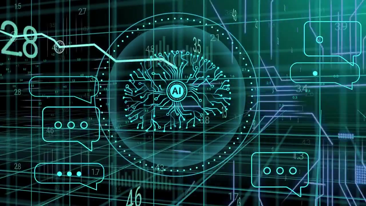 Red circuits pulsing from right initiating AI orb handling linking nodes showing message metrics
