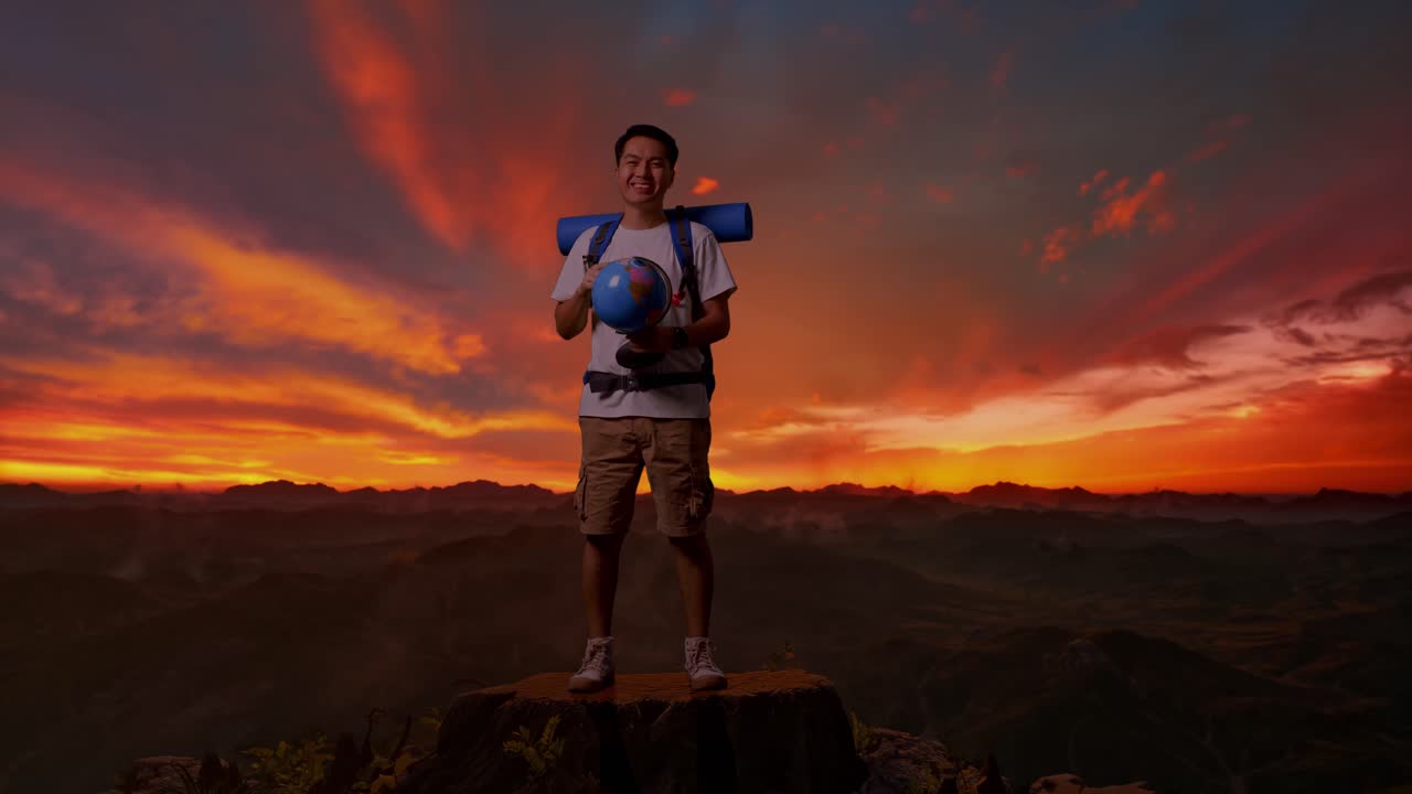 hombre sosteniendo un globo en la cima de una montaña al atardecer