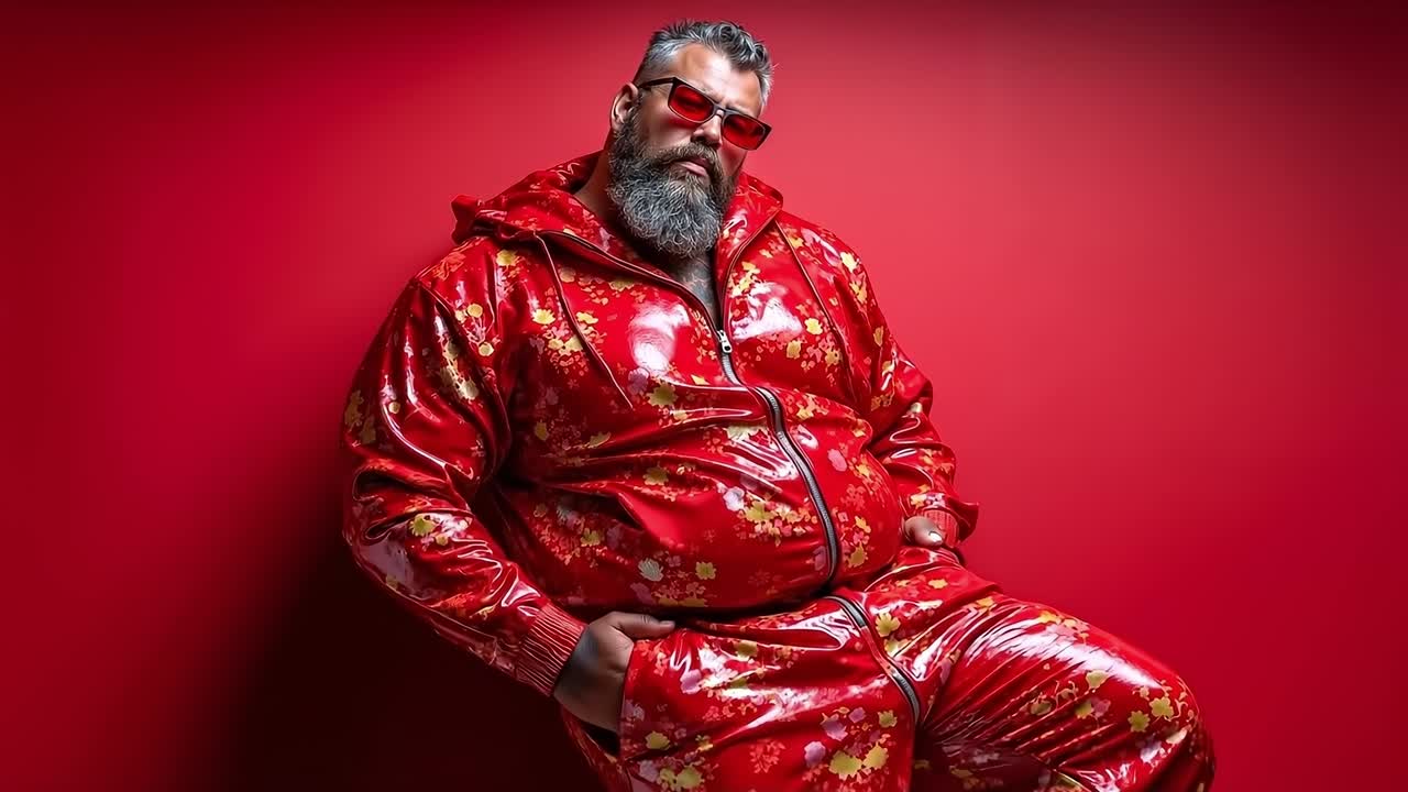 A man in a red suit and sunglasses sitting on a red background