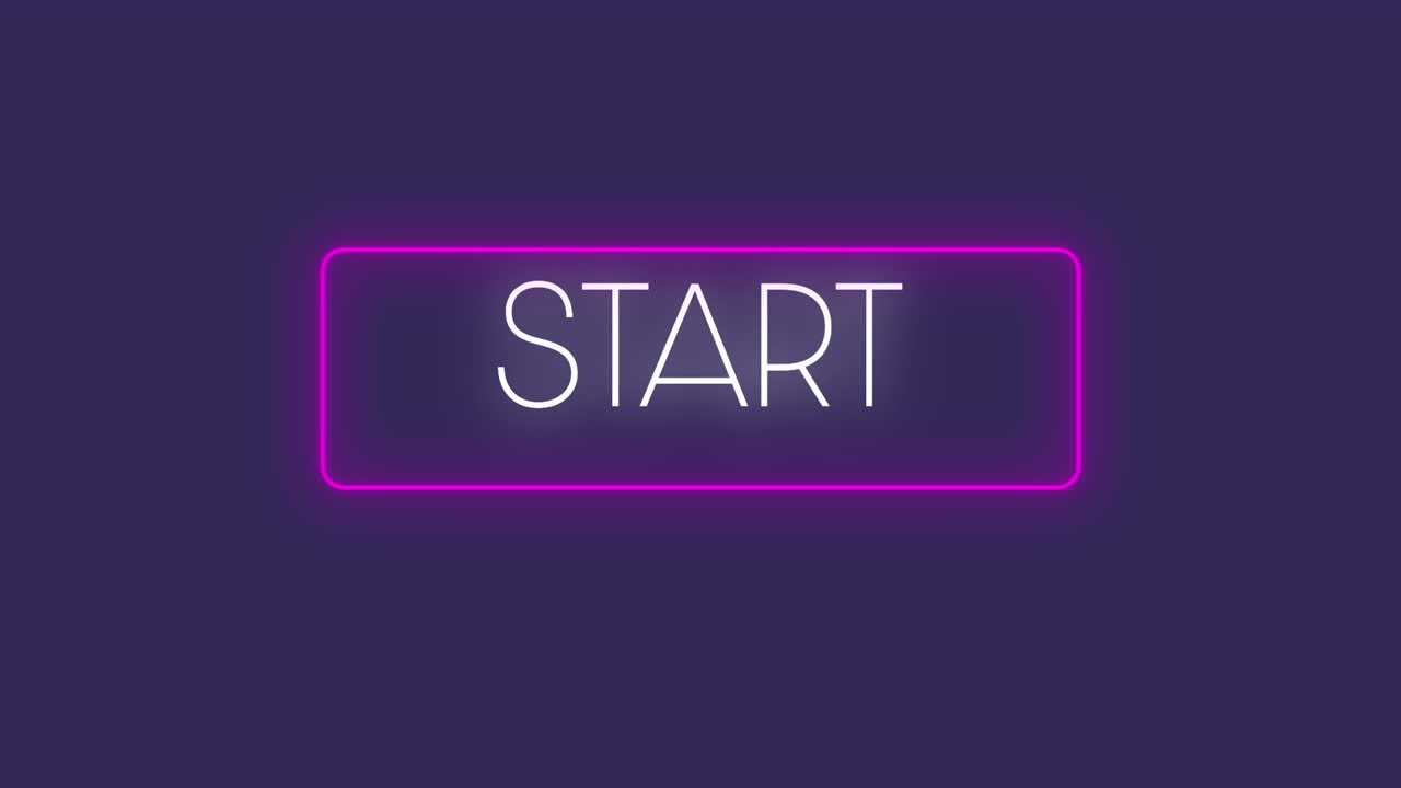 Animation of neon start text in frame on purple background