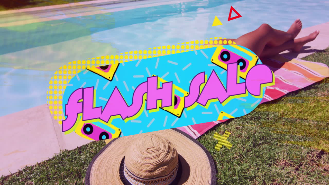 Flash sale text animation over person relaxing by pool with straw hat