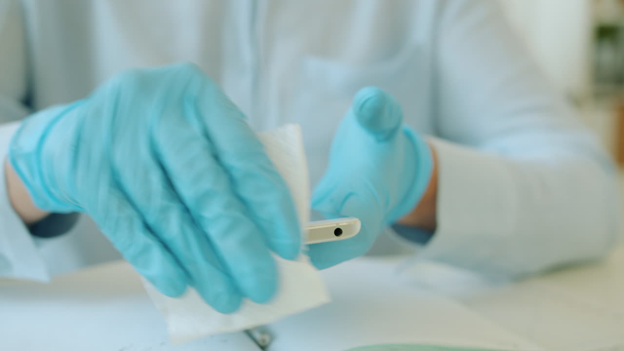 limpieza de un teléfono inteligente con guantes