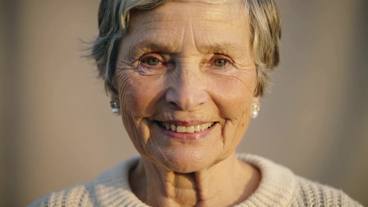 Camera starting senior woman holding gaze smiling in studio for portrait wearing pearls cream knit