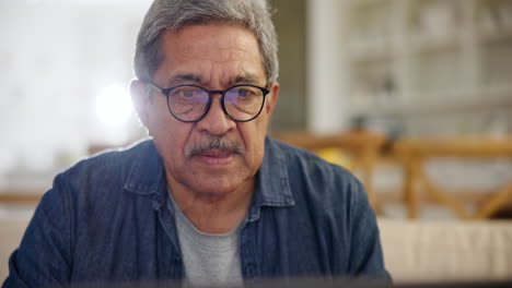 senior man, house or laptop with crisis
