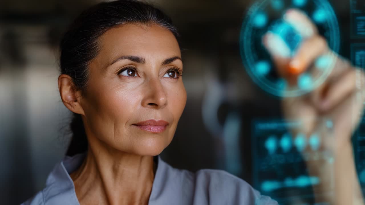 A focused professional woman interacts with futuristic digital interface, showcasing her expertise in technology and innovation while contemplating advanced holographic displays in an immersive environment