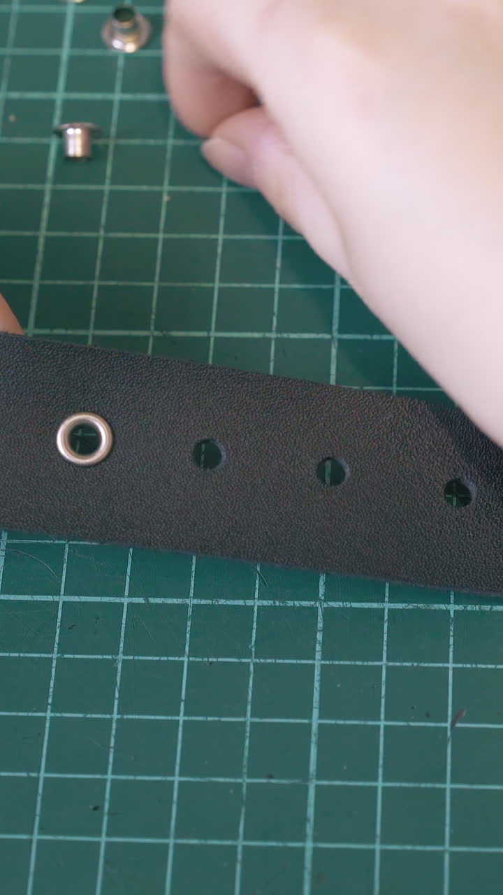 CU: Skilled tailor puts silver eyelets into stylish black leather belt holes at table mat in workshop close view
