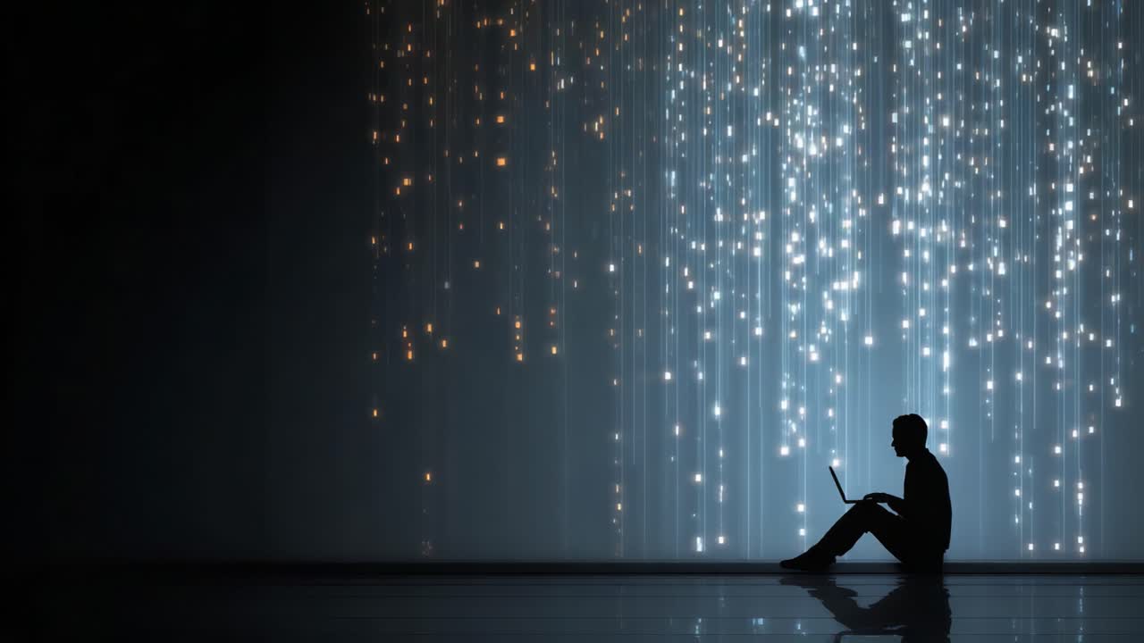 A solitary figure immersed in a laptop glow sits beneath shimmering light strands, capturing a moment of tranquility and inspiration against a striking backdrop of color and brightness