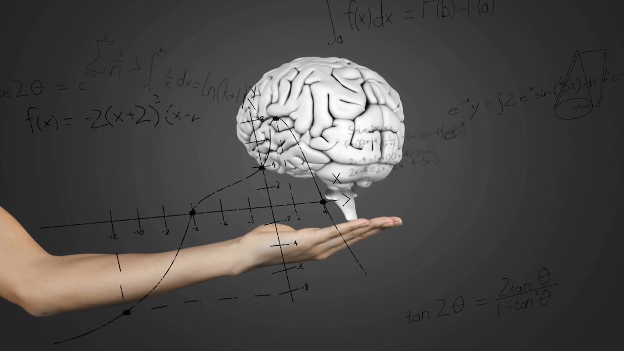 Elle çizilmiş eksenler beliriyor, ön kol avuç içini tutuyor, 3D beyin büyüyor, süzülüyor, matematiksel kavramları gösteriyor