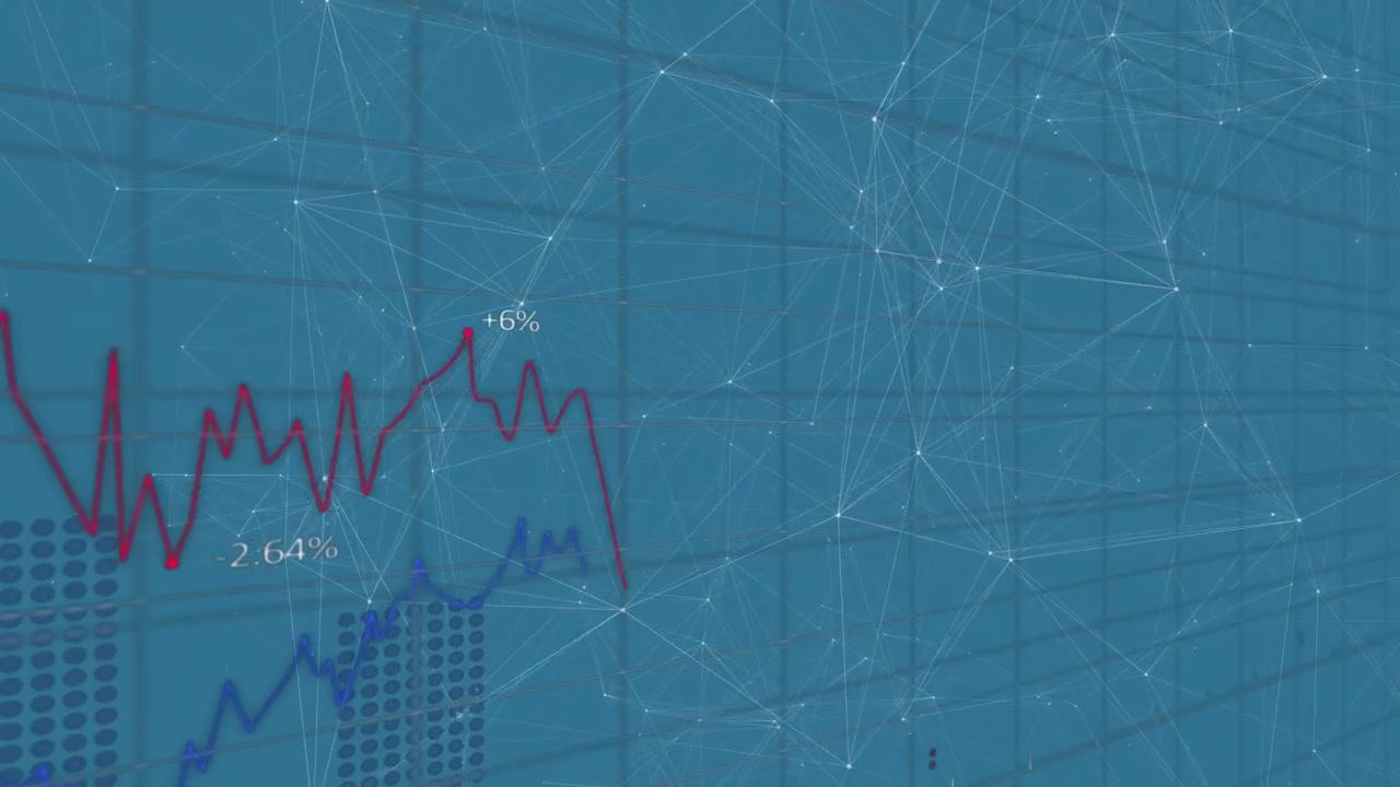 Animation of stock market display with network of connections on blue background.