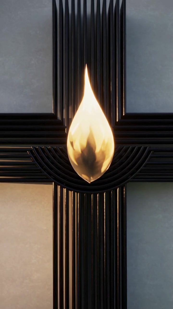 Video verticale: Croce scanalata scintillante che mostra una fiamma che si allunga in una nicchia con supporto per lo studio.
