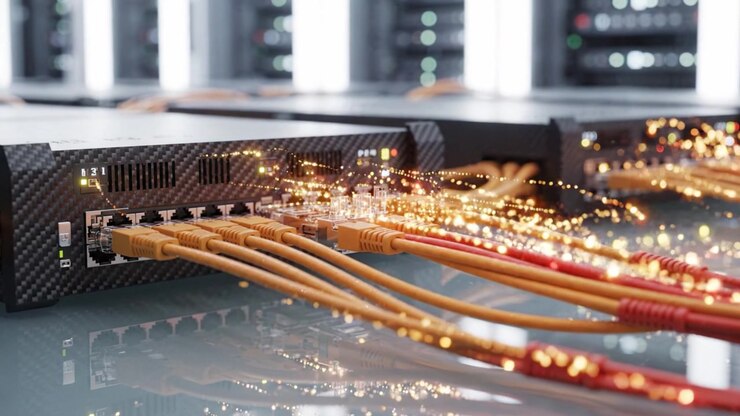Connettività Dati Avanzata in un Ambiente Server che Mostra Switch di Rete e Cavi in Fibra Ottica in un Centro Operativo per il Calcolo ad Alte Prestazioni