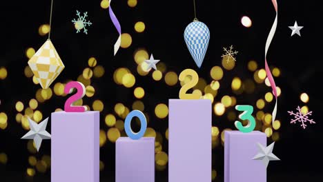 animation of 2023 text and christmas decorations in background