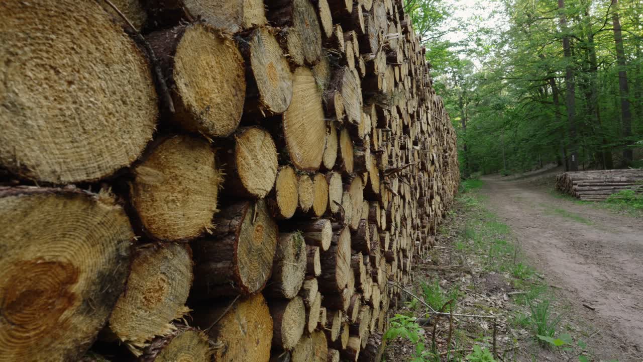 Dolly along freshly logged timber harvest stacked in clean organized pile in forest, deforestation