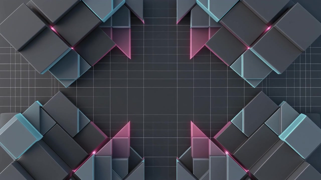 Abstract 3D Geometric Cubes Moving on a Grid Background