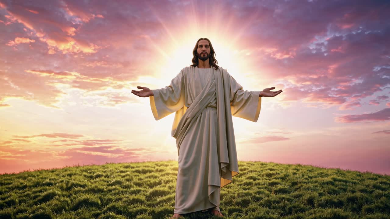 A video still of a serene figure in white robes, arms open, against a vibrant sunset