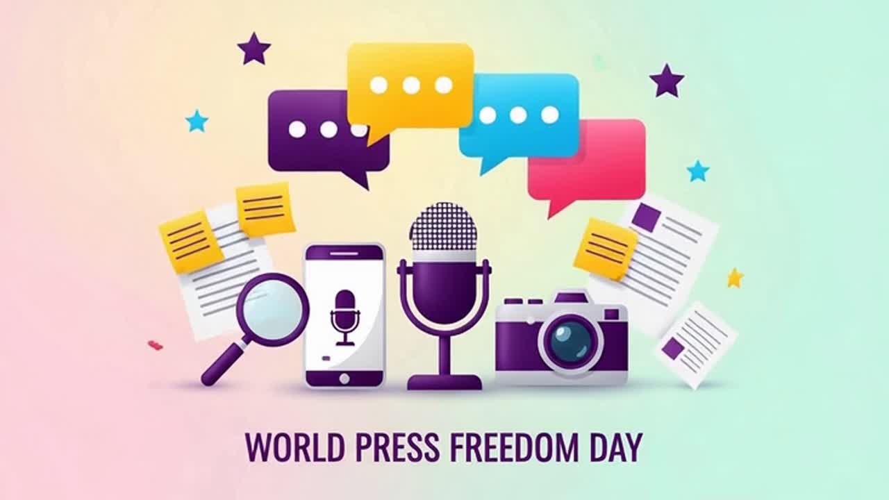 World Press Freedom Day banner with media tools and speech bubbles