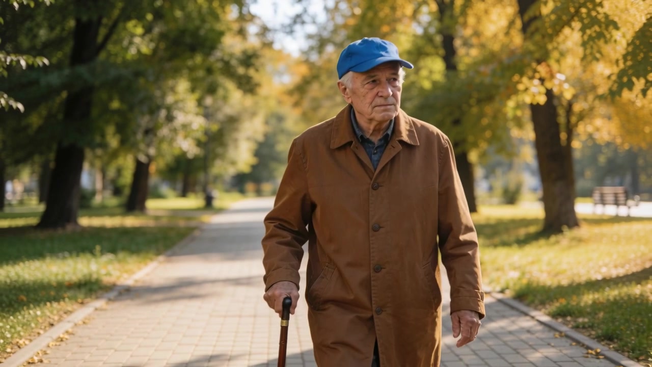 Inizio registrazione, uomo anziano con cappotto marrone e berretto blu che cammina verso la telecamera in un parco con un bastone.