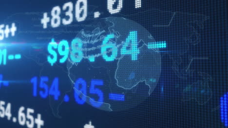 financial data and stock market animation over digital globe and numbers