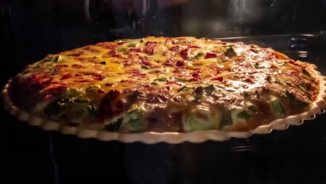 timelaps of baking quiche in the oven