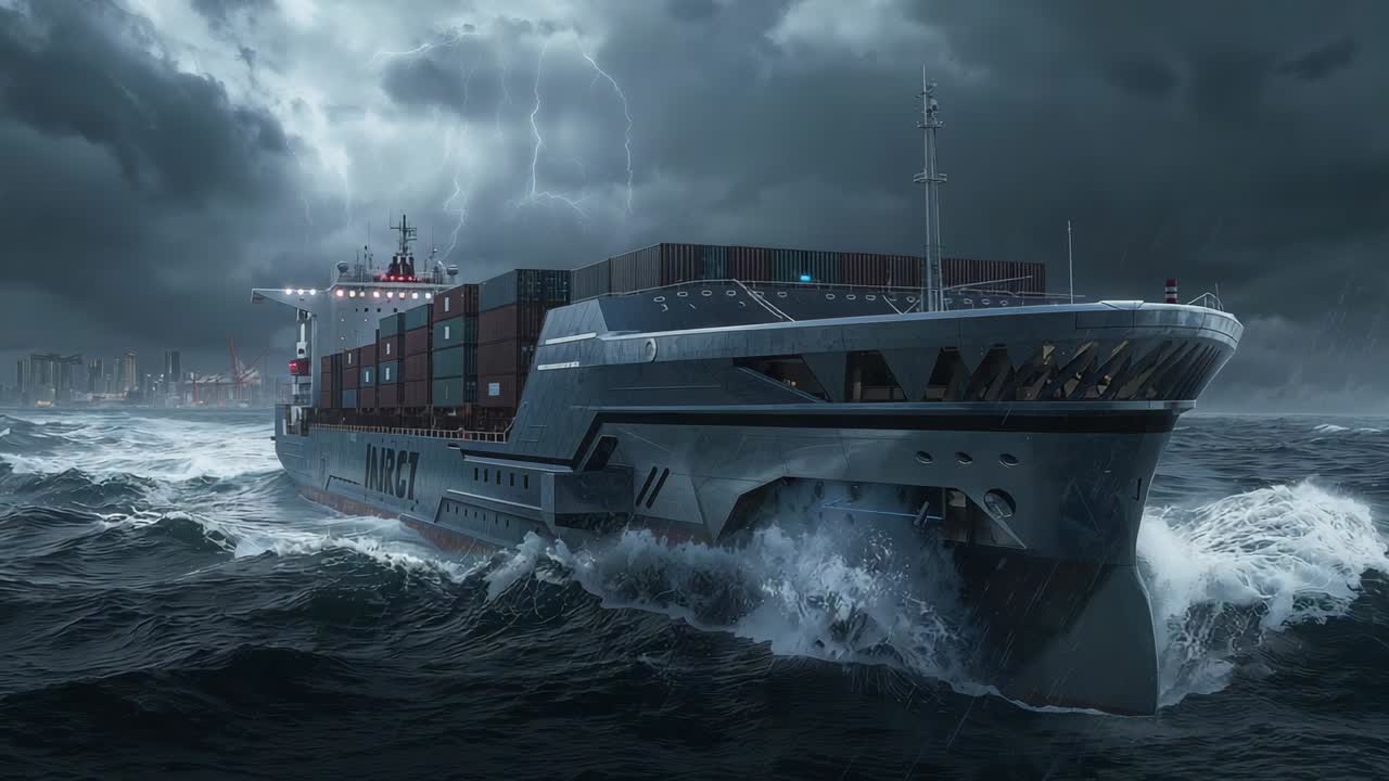 Lightning flashing, container ship plowing rough night seas, holding course toward ship lights