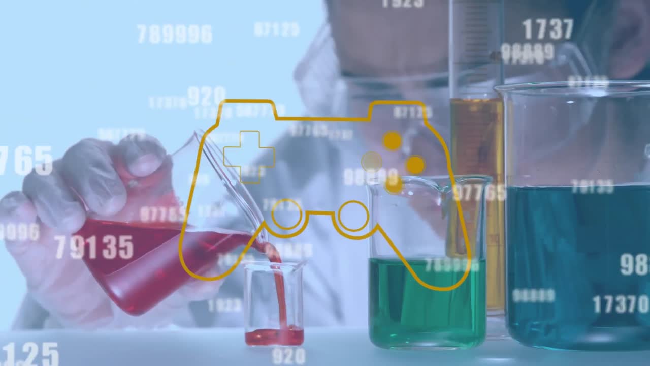 게임 컨트롤러의 애니메이션, 백인 여성 과학자가 컵에 액체를 부는 숫자
