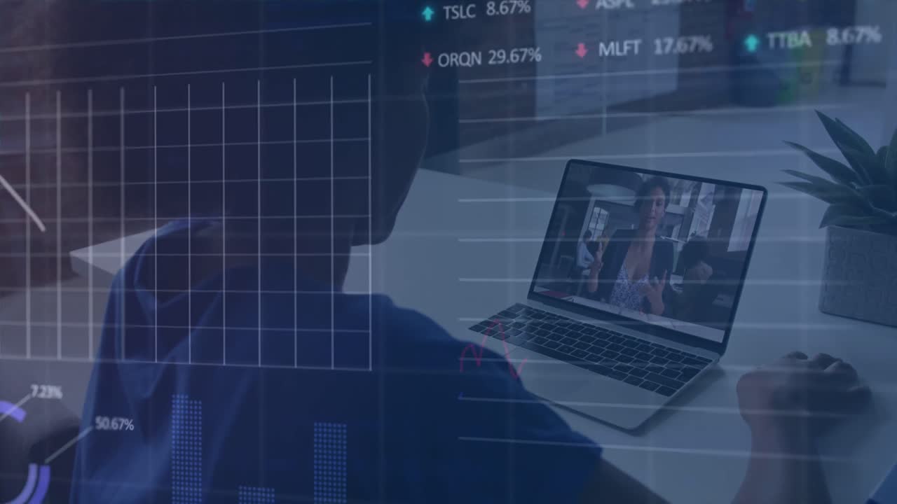 animazione dell'elaborazione dei dati finanziari su diverse persone d'affari in videochiamata