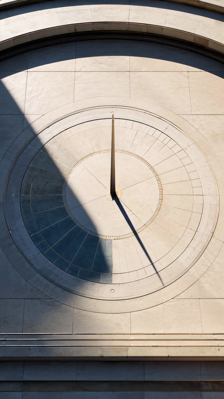 Sunlit architectural close view captures shadow movement over round clock face and carved stone wall, with symmetrical lines, warm daylight, and detailed exterior structure