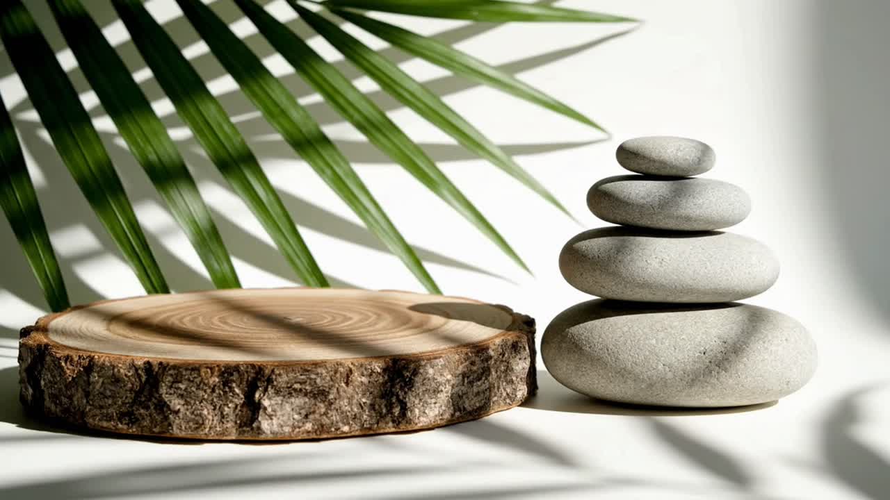 Pietre Zen in equilibrio con podio in legno e ombra di foglia di palma.