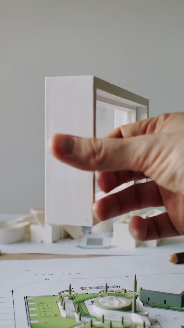 Vertical video: Entering designer hand grasping white frame at workbench, testing fit over plan