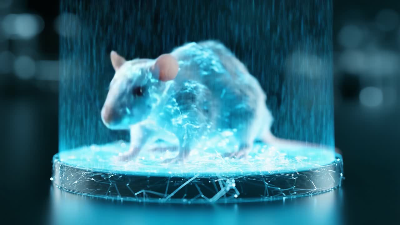 Una Trasformazione Digitale: Un Mouse Sospeso in un Ambiente Luminoso e High-Tech, Catturato in Due Inquadrature Sorprendenti