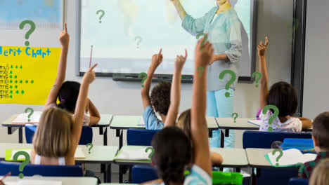 animation of green question marks over elementary school pupils raising hands in class