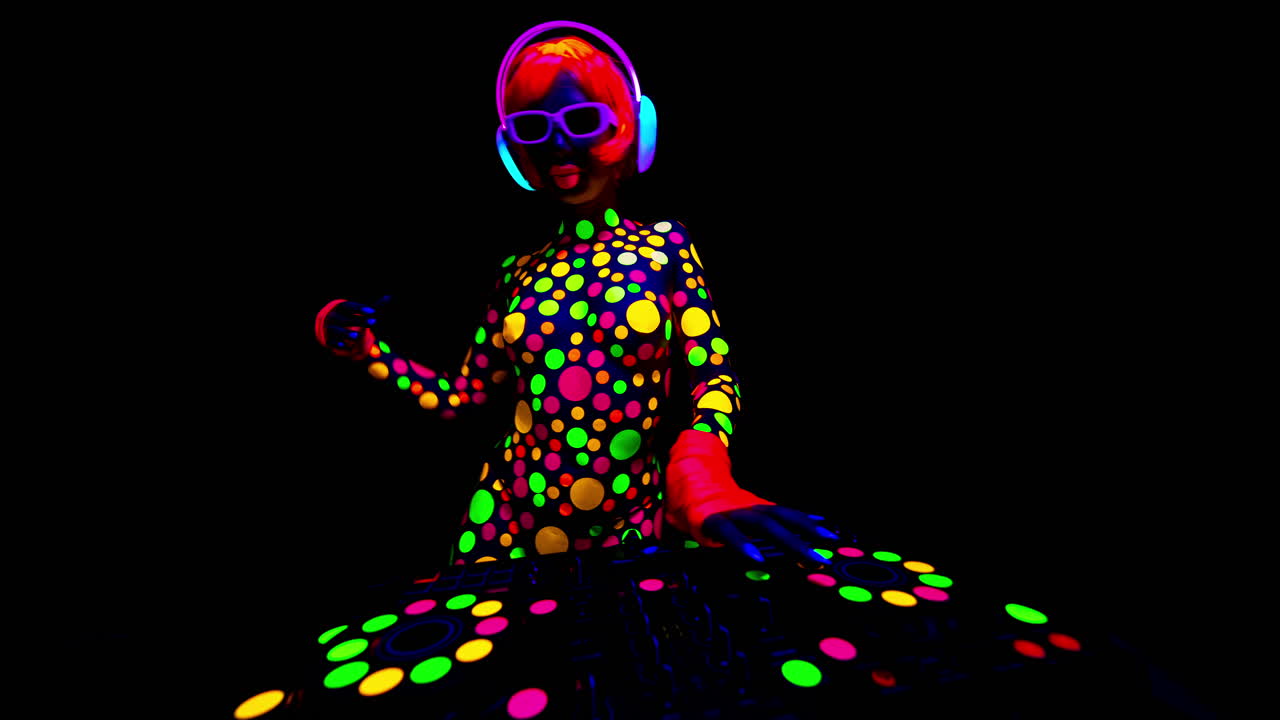 dj femenino de discoteca cubierto de manchas fluorescentes