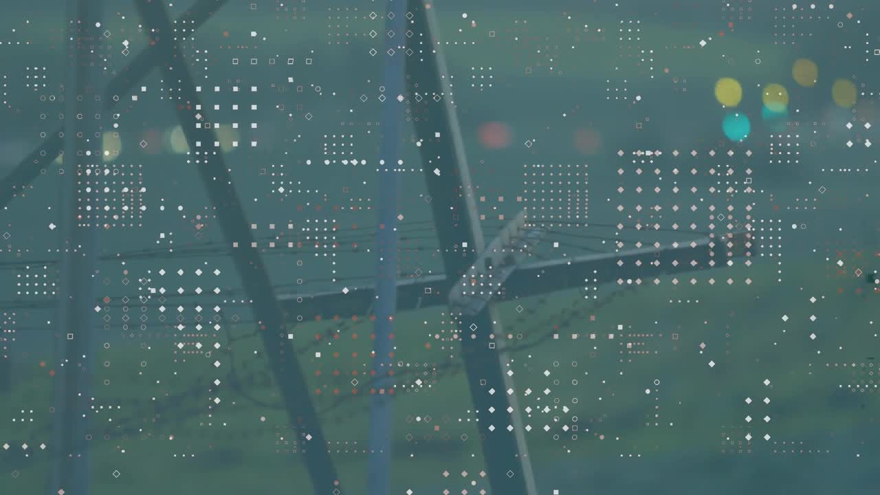 Animation of microprocessor connections against network towers and spots of light