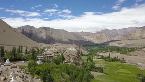 Toma-De-Establecimiento-De-Una-Pequeña-Aldea-Agrícola-En-Ladakh,-India,-Jammu-Y-Cachemira.