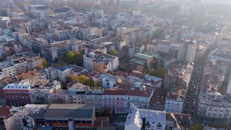 aerial flyover of the apartment buildings and neighborhoods outside the city center in belgrade, serbia