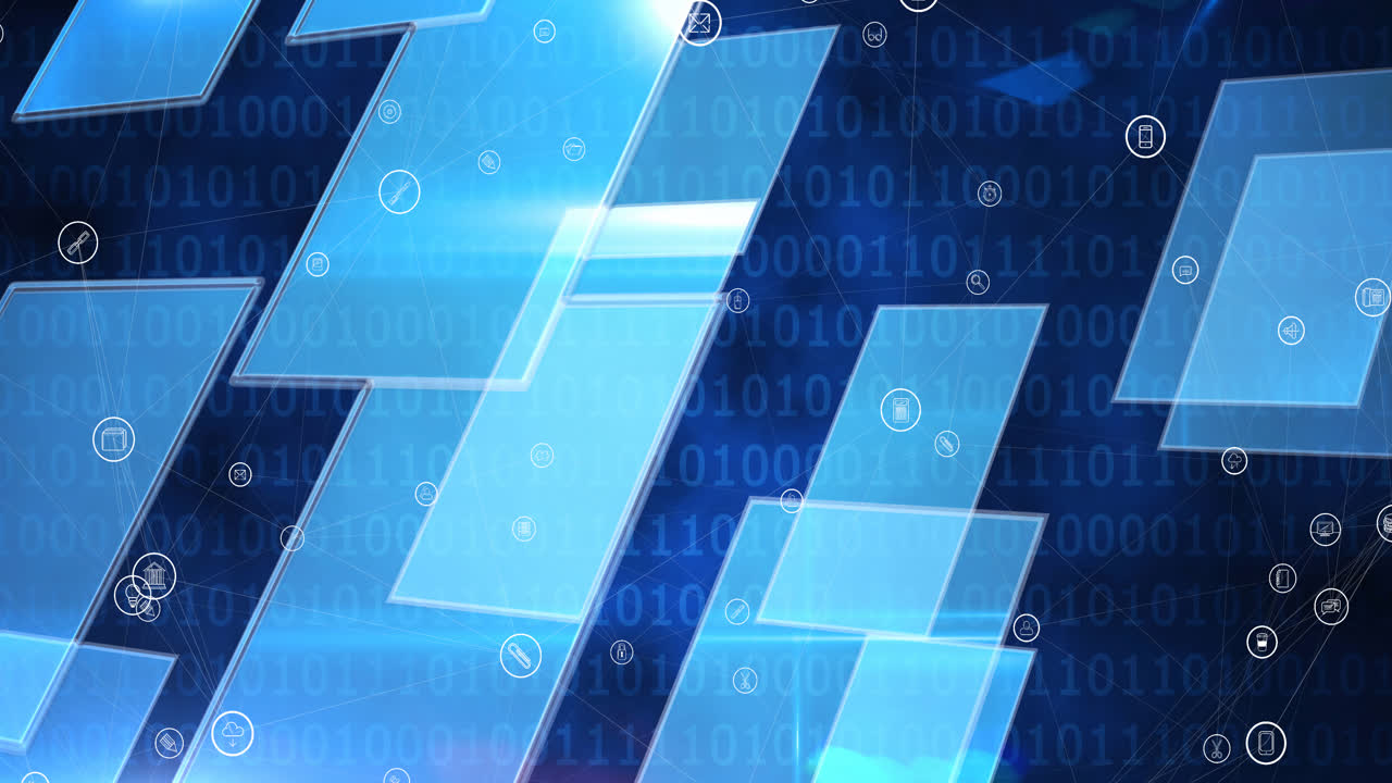 백그라운드에서 바이너리 코딩을 통해 디지털 아이콘으로 연결 네트워크의 애니메이션