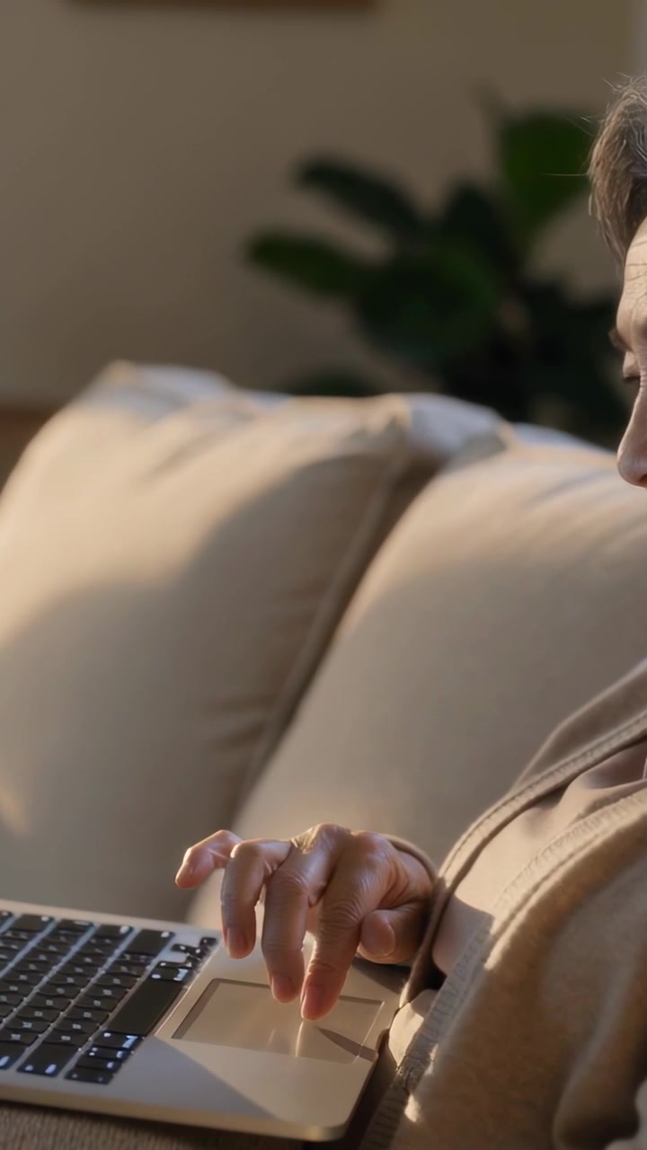Vertical video: Typing woman in beige sweater using laptop on sofa as camera panning, copy space