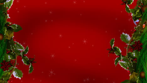 decoración de corona de navidad y iconos de copos de nieve cayendo contra un fondo rojo