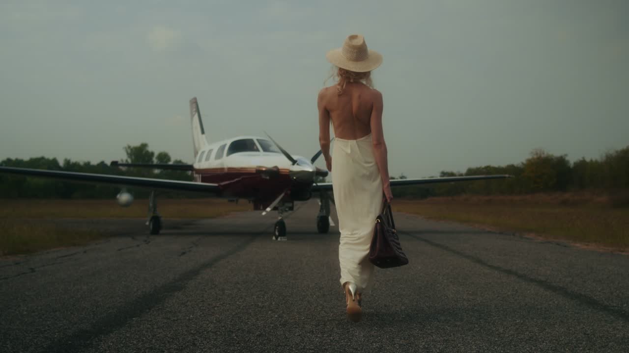 Woman in a white dress walking toward a private jet at the airport.