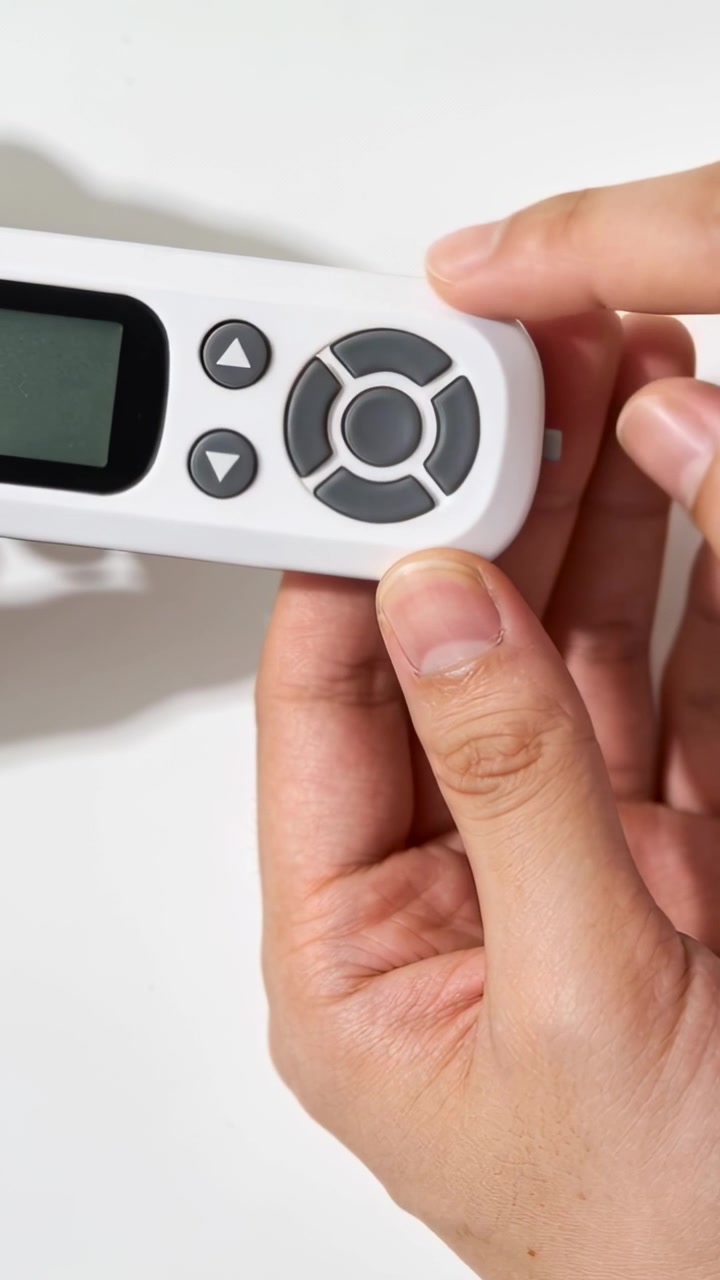 Vertical video: Pressing starting with right thumb, hands testing remote D-pad on white tabletop