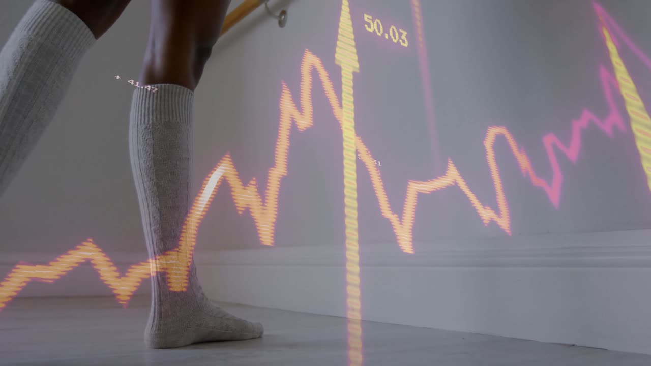 Female dancer responding to chart overlay by shifting weight executing tendu for dance education