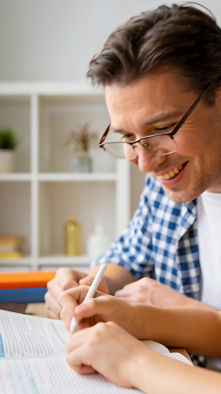Video verticale: Tutor in camicia blu che abbassa gli occhiali, indica un libro con una penna a casa, guidando un bambino