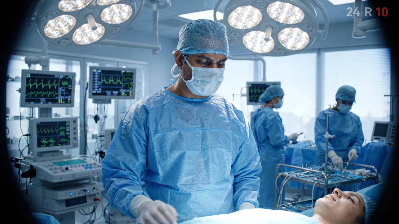 Un chirurgo esperto in camice blu esegue una procedura delicata in una moderna sala operatoria piena di attrezzature mediche avanzate e professionisti sanitari attenti